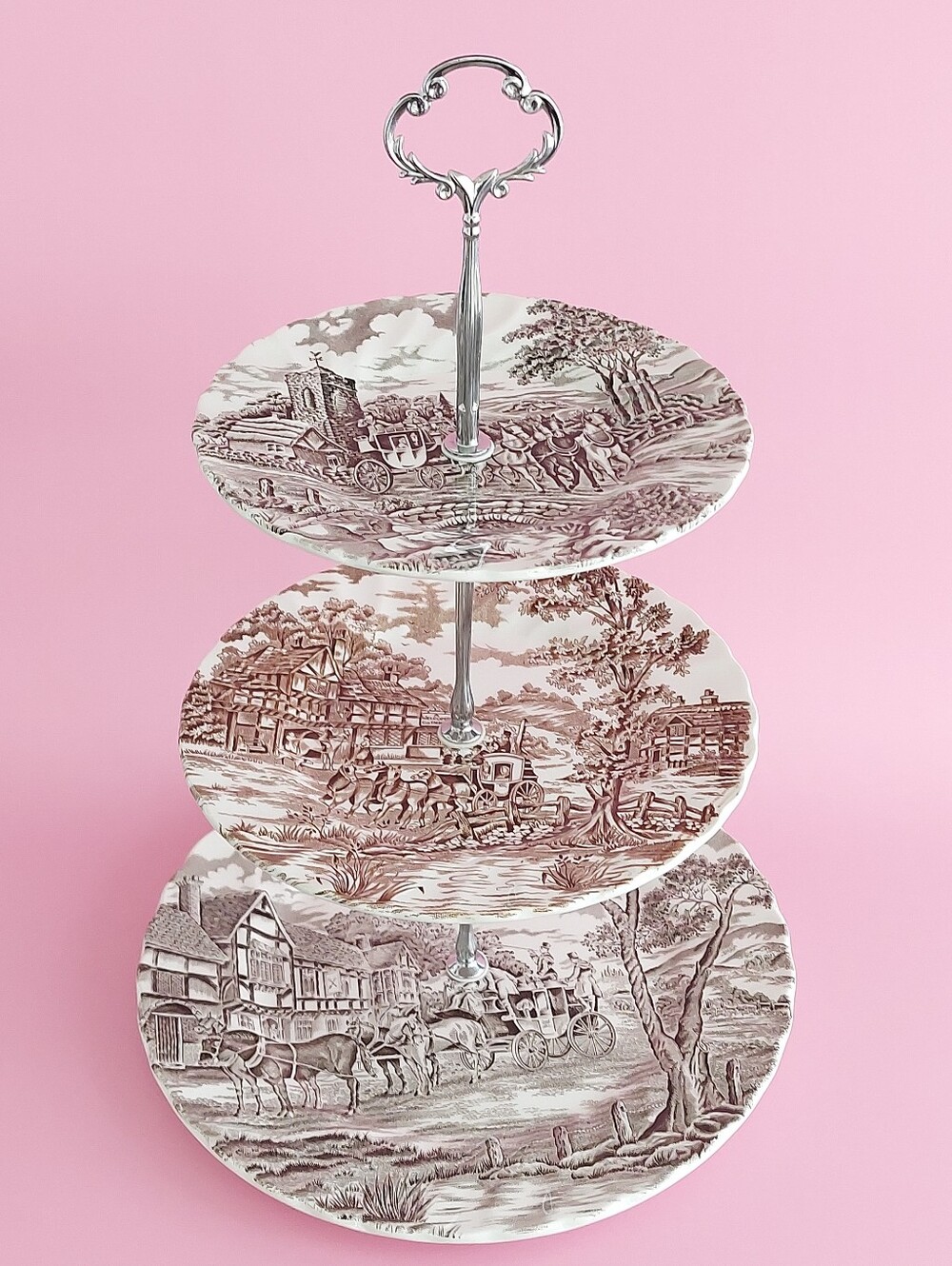 Vintage 3-Tier Tiered Cupcake Stand English Ironstone Brown Transferware